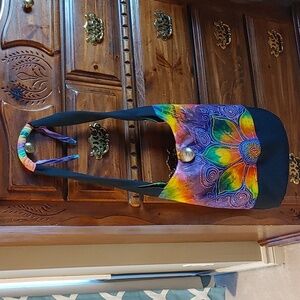 💚NWOT Tie Dye Bohemian Neon Floral Hand Painted Beach Bag/ Tote Bag
